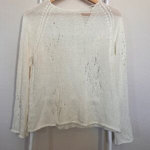 Handmade - hand knit white silk thread sweater size S-M in distressed pattern.